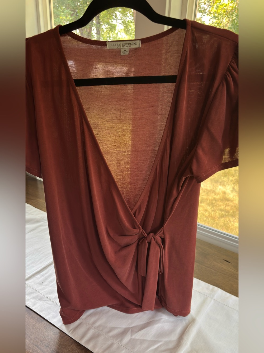 Green Envelope Rust Tie-Front V-Neck Top